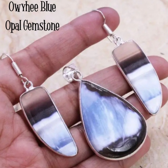 Owyhee Blue Opal Gemstone Handmade Pendant Necklace & Earrings Set - Picture 4 of 6